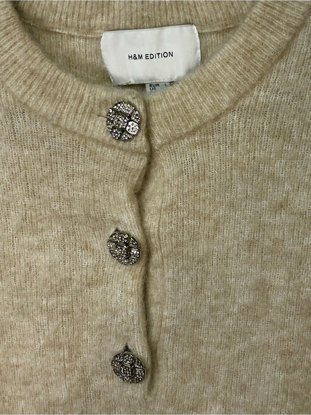 H&M Edition Mohair Blend Rhinestone Button Short Sleeve Sweater L - Picture 3 of 8